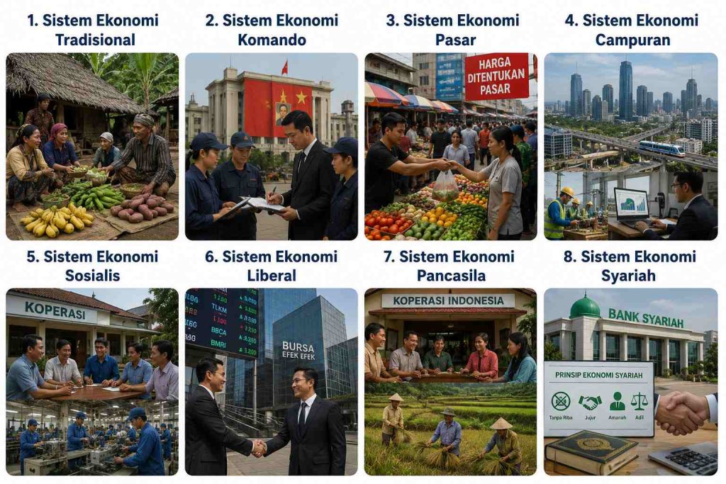 Perbedaan aktivitas ekonomi tradisional hingga modern yang merepresentasikan macam-macam sistem ekonomi dalam mengelola sumber daya.