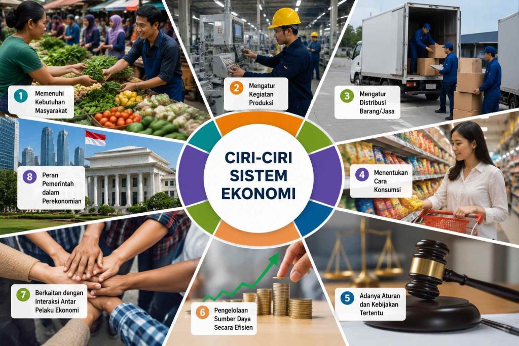 Unsur pelaku ekonomi, peran pemerintah, dan mekanisme pasar yang menunjukkan ciri-ciri suatu sistem ekonomi.
