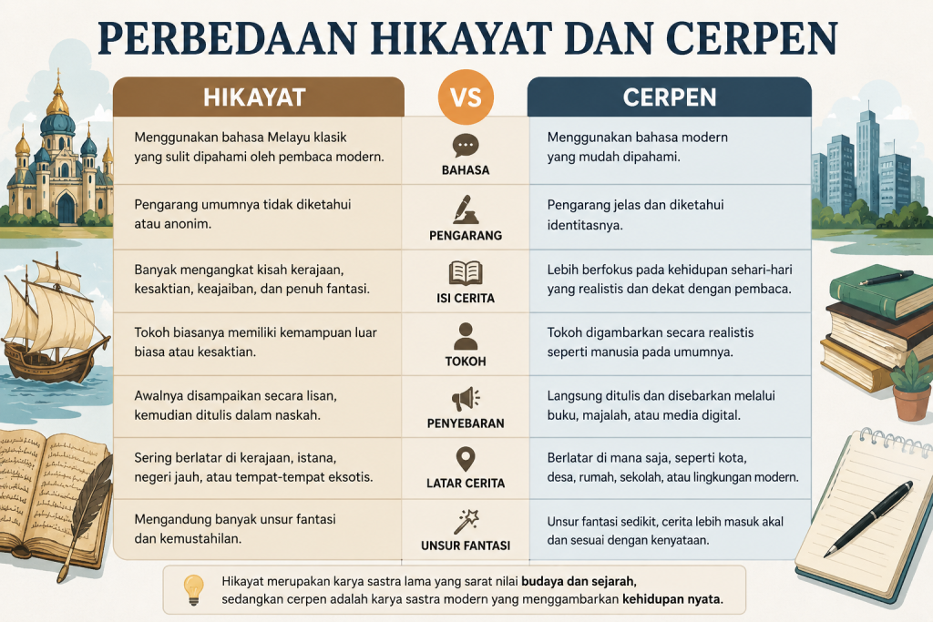 Ilustrasi perbedaan hikayat dan cerpen yang menampilkan perbandingan bahasa, isi cerita, tokoh, latar, serta unsur fantasi antara sastra lama dan sastra modern.