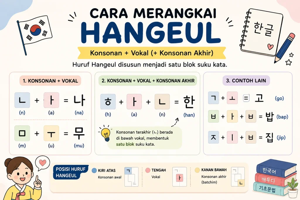 Cara merangkai konsonan dan vokal Hangeul menjadi blok suku kata