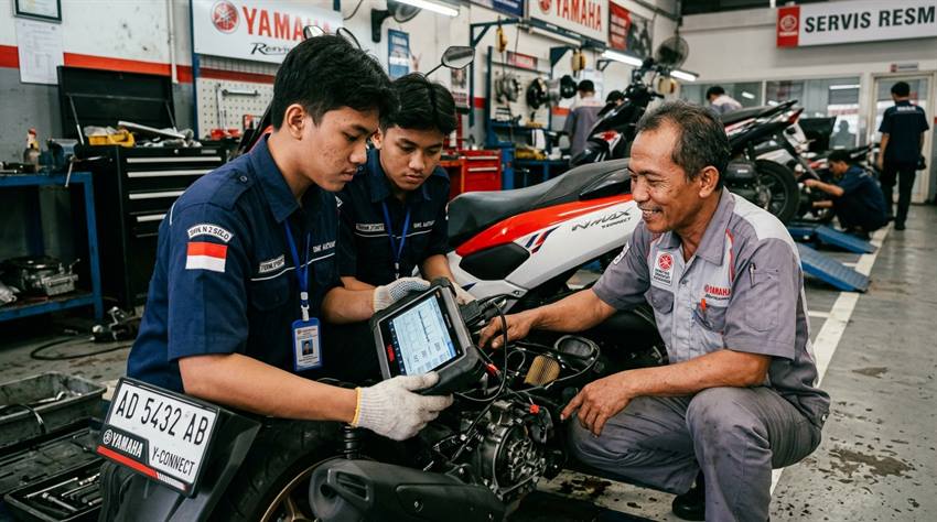 Siswa SMK Jurusan Otomotif Mendapatkan Pelatihan Servis Mesin Injeksi dari Mekanik Senior di Bengkel Resmi