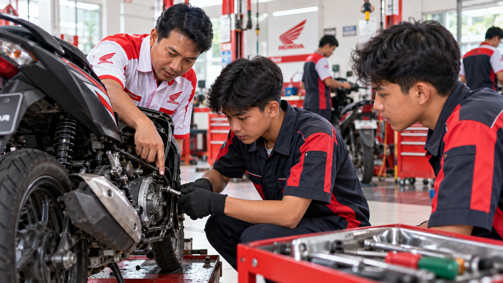 Siswa SMK otomotif melakukan praktik servis sepeda motor bersama pembimbing di bengkel resmi sebagai kegiatan PKL